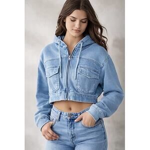 Urban Outfitters Hoodie Women XS Blue Cropped Full Zip Chest Pocket